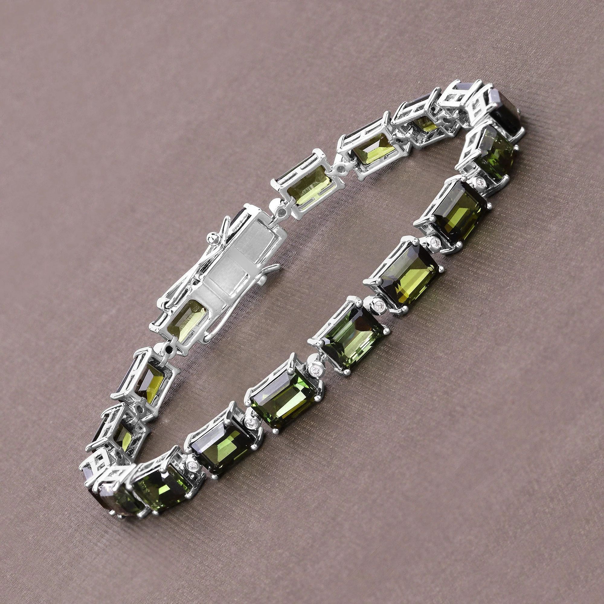 19.04 Carat Genuine Green Tourmaline and White Diamond 14K White Gold Bracelet - Image 2