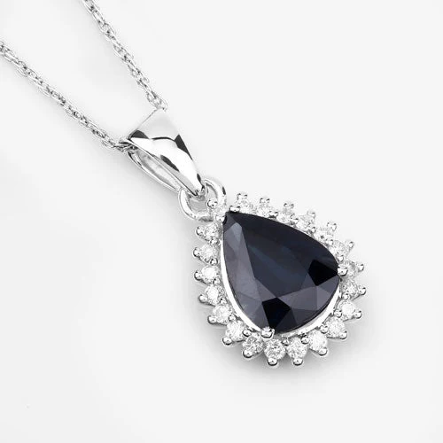 2.09 Carat Genuine Blue Sapphire and White Diamond 14K White Gold Pendant - Image 10