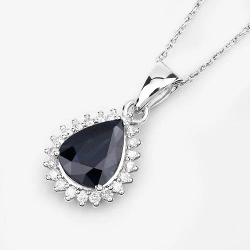 2.09 Carat Genuine Blue Sapphire and White Diamond 14K White Gold Pendant - Image 13