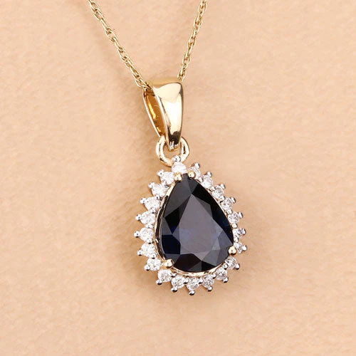 2.09 Carat Genuine Blue Sapphire and White Diamond 14K Yellow Gold Pendant - Image 12