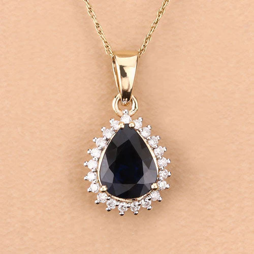 2.09 Carat Genuine Blue Sapphire and White Diamond 14K Yellow Gold Pendant - Image 8