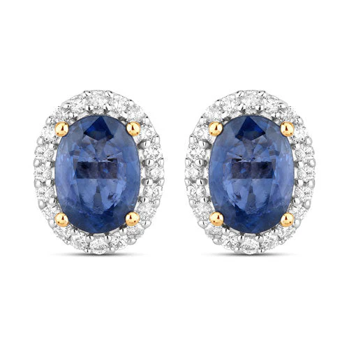 2.16 Carat Genuine Blue Sapphire and White Diamond 14K Yellow Gold Earrings