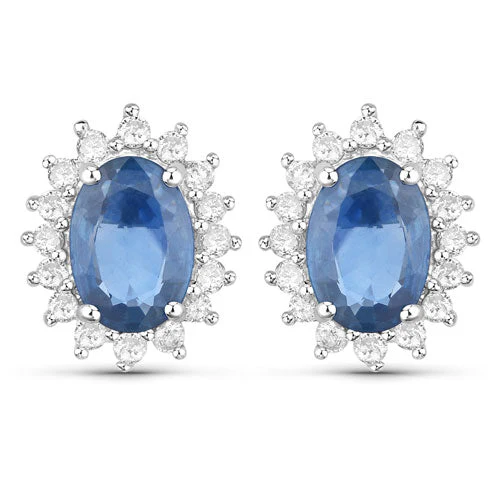2.22 Carat Genuine Blue Sapphire and White Diamond 14K White Gold Earrings