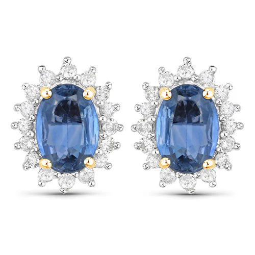 2.22 Carat Genuine Blue Sapphire and White Diamond 14K Yellow Gold Earrings