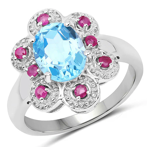 2.28 Carat Genuine Swiss Blue Topaz and Ruby .925 Sterling Silver Ring - Image 4