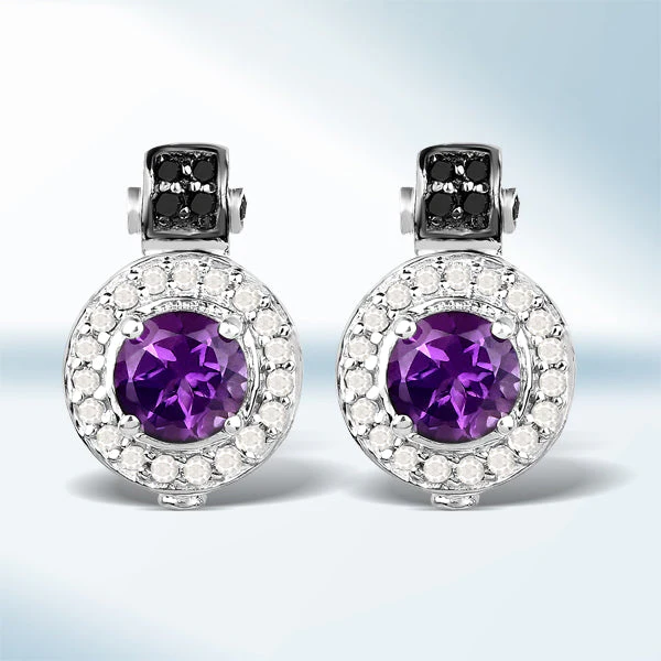 2.29 Carat Genuine Amethyst, Black Diamond and White Diamond .925 Sterling Silver Earrings