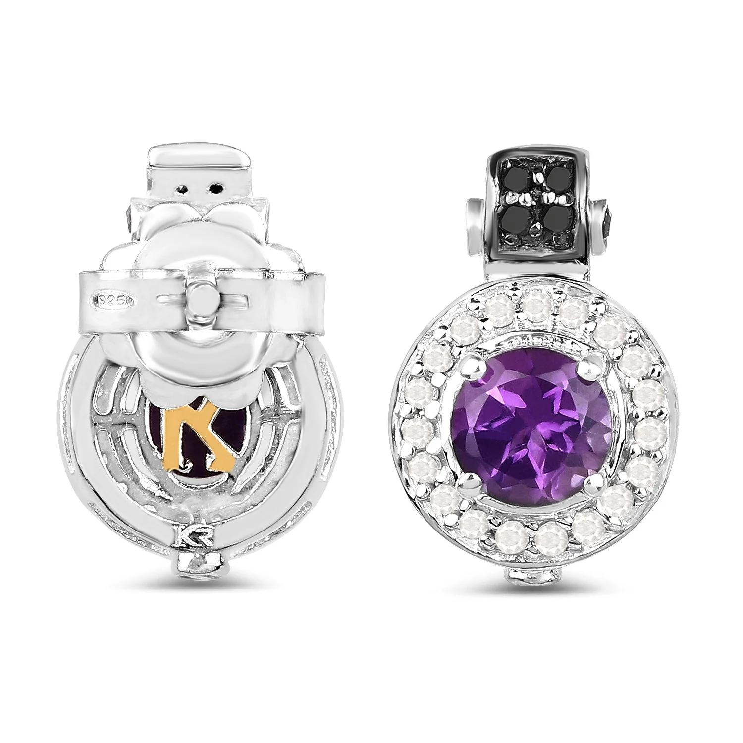 2.29 Carat Genuine Amethyst, Black Diamond and White Diamond .925 Sterling Silver Earrings - Image 4