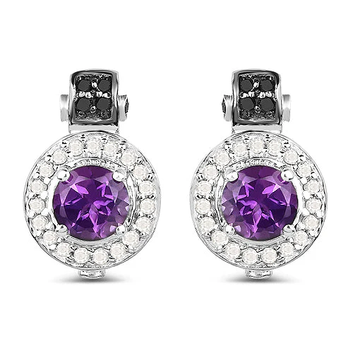 2.29 Carat Genuine Amethyst, Black Diamond and White Diamond .925 Sterling Silver Earrings - Image 5