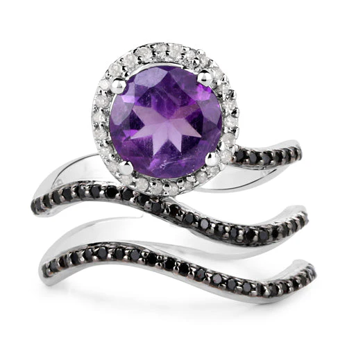 2.31 Carat Genuine Amethyst, Black Spinel and White Diamond .925 Sterling Silver Ring - Image 6