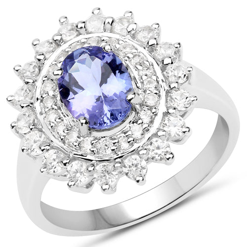 2.35 Carat Genuine Tanzanite and White Zircon .925 Sterling Silver Ring - Image 2