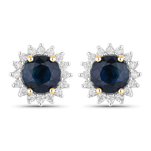 2.38 Carat Genuine Blue Sapphire and White Diamond 14K Yellow Gold Earrings