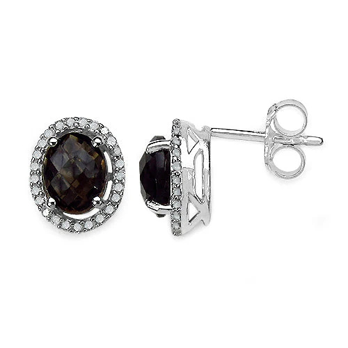 2.39 Carat Genuine White Diamond & Smoky Quartz .925 Sterling Silver Earrings - Image 2