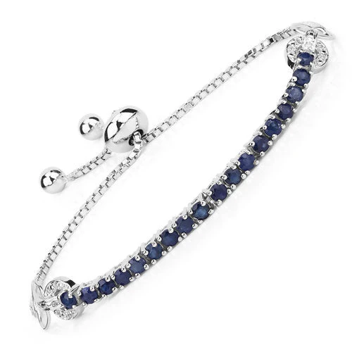 2.41 Carat Genuine Blue Sapphire and White Zircon .925 Sterling Silver Bracelet - Image 2