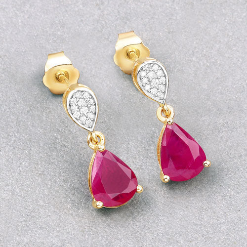 2.46 Carat Genuine Ruby and White Diamond 10K Yellow Gold Earrings - Image 4