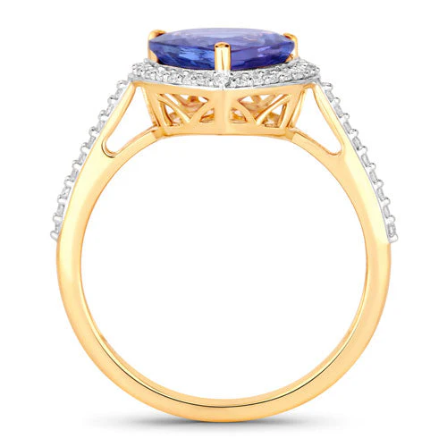 2.49 Carat Genuine Tanzanite and White Diamond 14K Yellow Gold Ring - Image 2