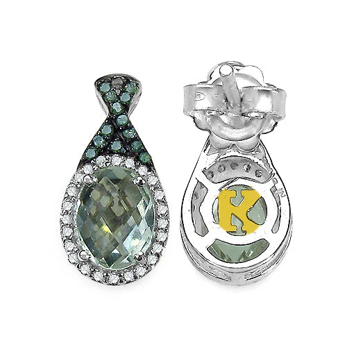 2.55 Carat Genuine Green Amethyst, Green Diamond & White Diamond .925 Sterling Silver Earrings - Image 3