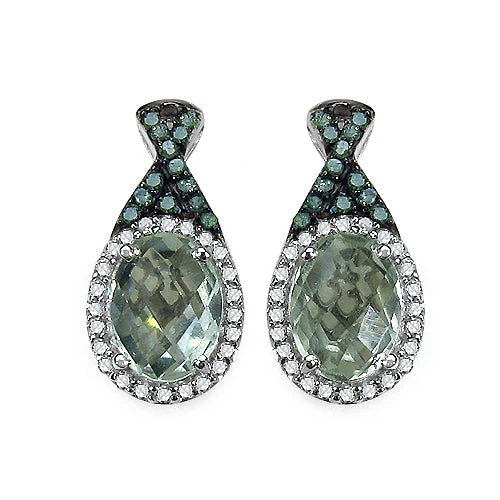 2.55 Carat Genuine Green Amethyst, Green Diamond & White Diamond .925 Sterling Silver Earrings - Image 4
