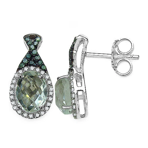 2.55 Carat Genuine Green Amethyst, Green Diamond & White Diamond .925 Sterling Silver Earrings - Image 5