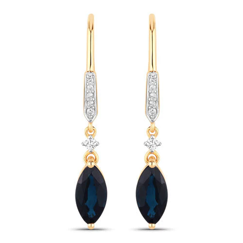 2.73 Carat Genuine Blue Sapphire and White Diamond 14K Yellow Gold Earrings