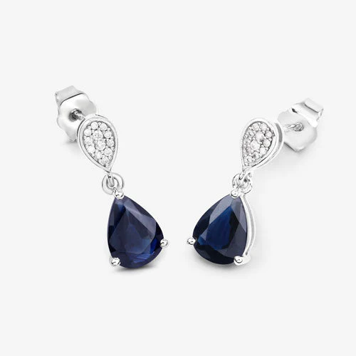 2.76 Carat Genuine Blue Sapphire and White Diamond 10K White Gold Earrings - Image 7