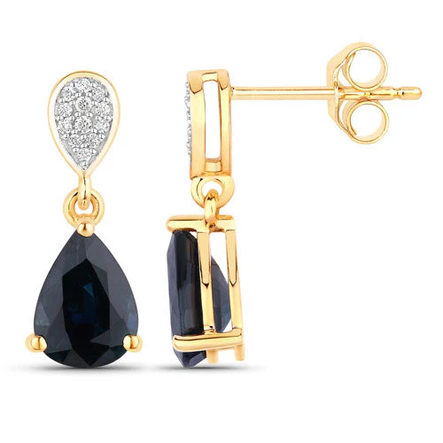 2.76 Carat Genuine Blue Sapphire and White Diamond 10K Yellow Gold Earrings - Image 2