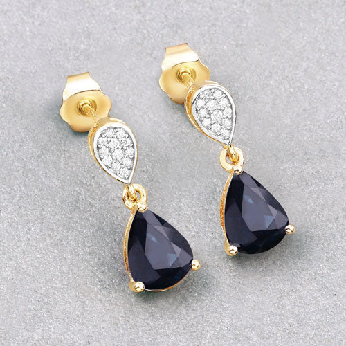 2.76 Carat Genuine Blue Sapphire and White Diamond 10K Yellow Gold Earrings - Image 4