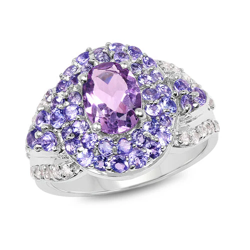 2.88 Carat Genuine Amethyst, Tanzanite & White Topaz .925 Sterling Silver Ring - Image 4