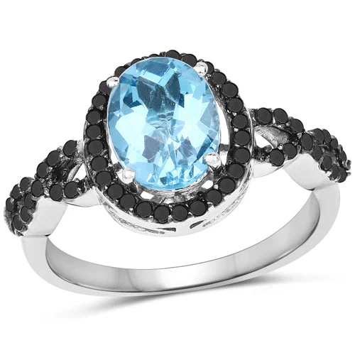 2.92 Carat Genuine Blue Topaz, Black Diamond & White Diamond .925 Sterling Silver Ring - Image 4