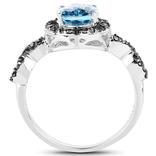 2.92 Carat Genuine Blue Topaz, Black Diamond & White Diamond .925 Sterling Silver Ring - Image 5