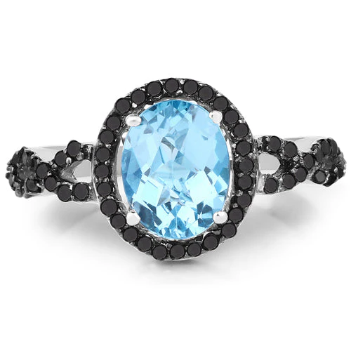 2.92 Carat Genuine Blue Topaz, Black Diamond & White Diamond .925 Sterling Silver Ring - Image 6
