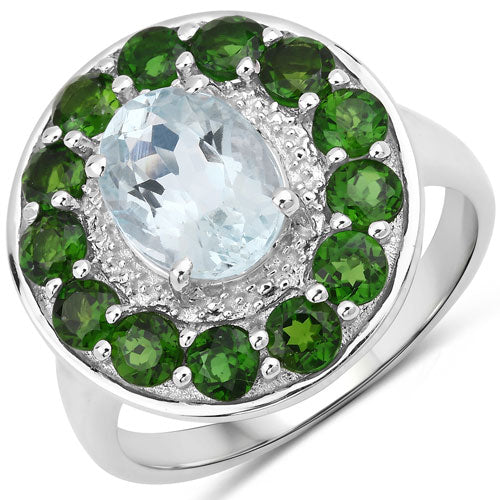 2.96 Carat Genuine Aquamarine and Chrome Diopside .925 Sterling Silver Ring - Image 2