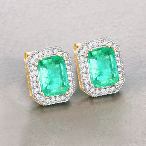 2.99 Carat Genuine Ethiopian Emerald and White Diamond 14K Yellow Gold Earrings - Image 4