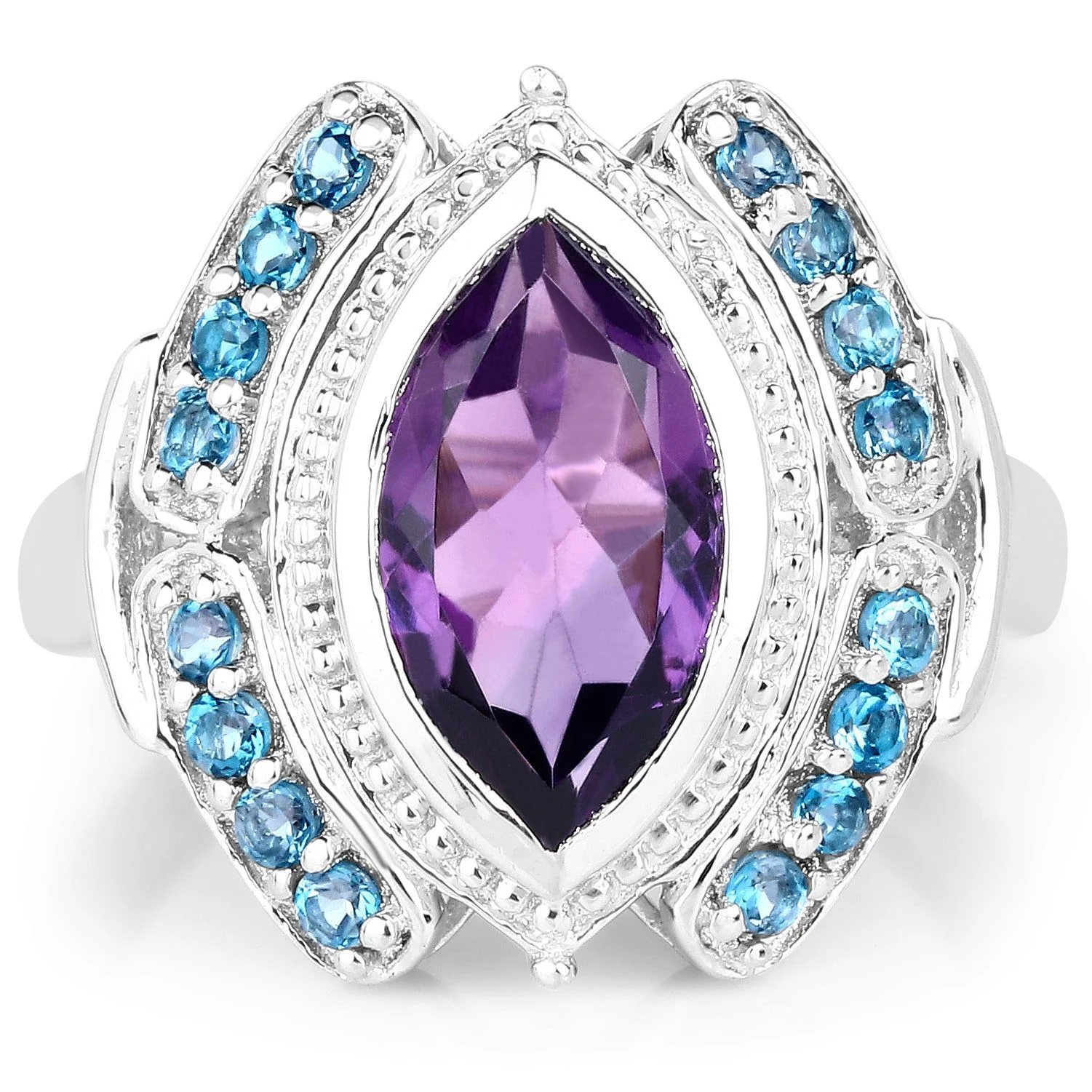 3.06 Carat Genuine Amethyst and London Blue Topaz .925 Sterling Silver Ring - Image 3