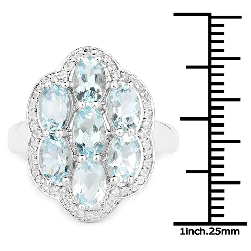3.09 Carat Genuine Aquamarine and White Zircon .925 Sterling Silver Ring - Image 7
