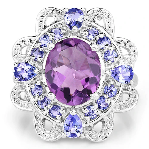 3.13 Carat Genuine Amethyst and Tanzanite .925 Sterling Silver Ring - Image 6
