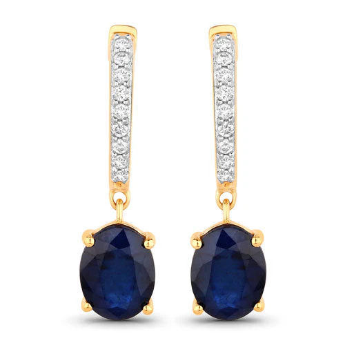 3.24 Carat Genuine Blue Sapphire and White Diamond 14K Yellow Gold Earrings