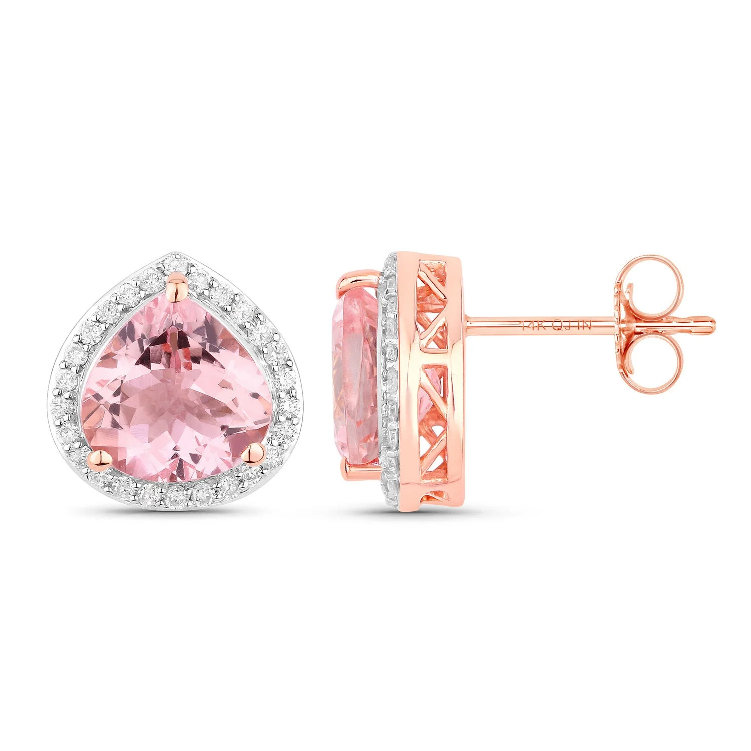 3.27 Carat Genuine Morganite and White Diamond 14K Rose Gold Earrings - Image 2