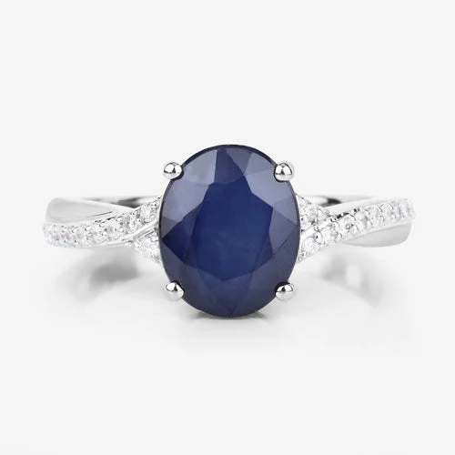 3.28 Carat Genuine Blue Sapphire and White Diamond 14K White Gold Ring - Image 8