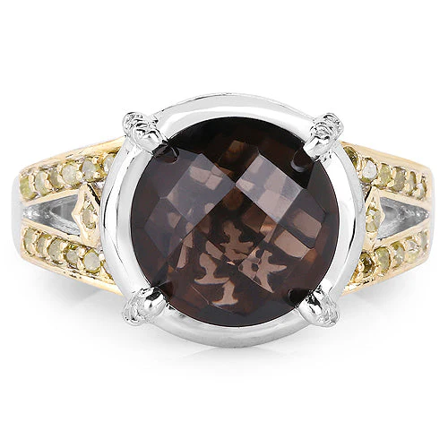 3.28 Carat Genuine Smoky Quartz, Yellow Diamond & White Diamond .925 Sterling Silver Ring - Image 6