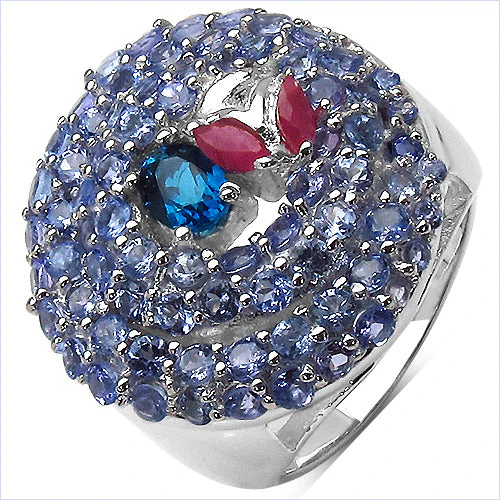 3.31 Carat Genuine London Blue Topaz , Ruby & Tanzanite .925 Sterling Silver Ring - Image 5