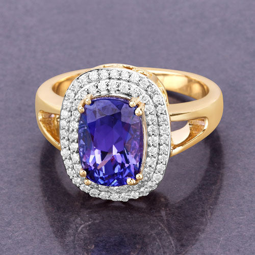 3.33 Carat Genuine Tanzanite and White Diamond 14K Yellow Gold Ring - Image 5