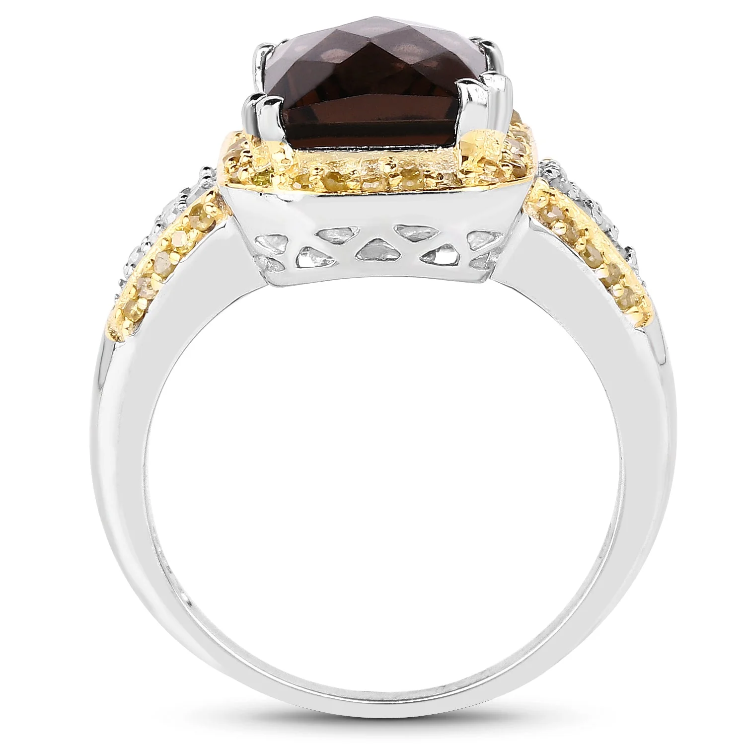 3.48 Carat Genuine Smoky Quartz, Yellow Diamond and White Diamond .925 Sterling Silver Ring - Image 2