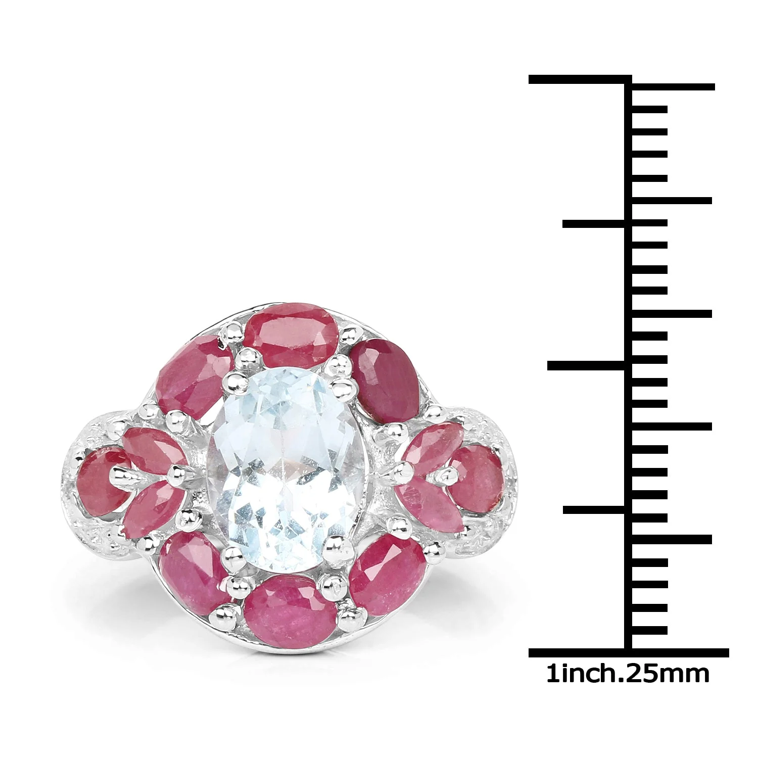 3.54 Carat Genuine Aquamarine, Ruby and White Topaz .925 Sterling Silver Ring - Image 3