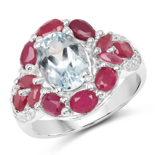 3.54 Carat Genuine Aquamarine, Ruby and White Topaz .925 Sterling Silver Ring - Image 4