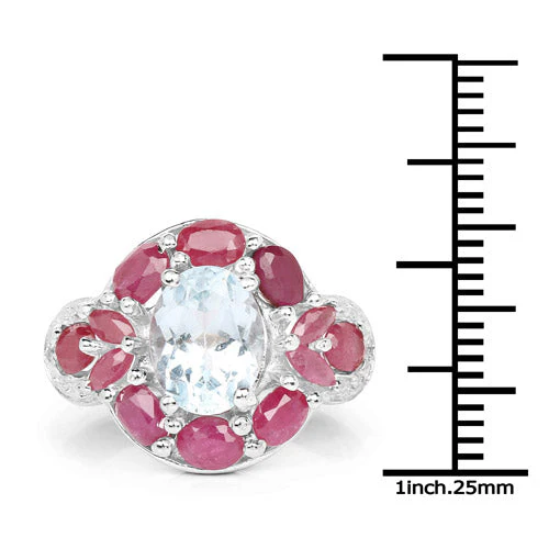 3.54 Carat Genuine Aquamarine, Ruby and White Topaz .925 Sterling Silver Ring - Image 6