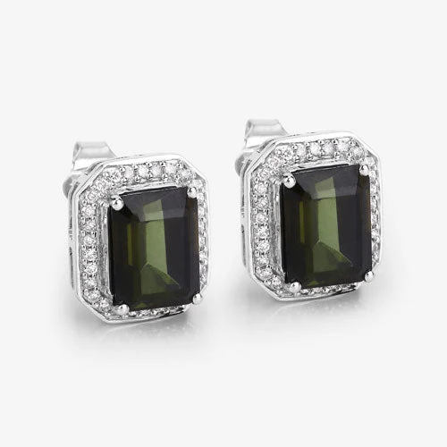 3.57 Carat Genuine Green Tourmaline and White Diamond 14K White Gold Earrings - Image 11