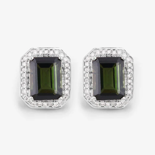 3.57 Carat Genuine Green Tourmaline and White Diamond 14K White Gold Earrings - Image 8
