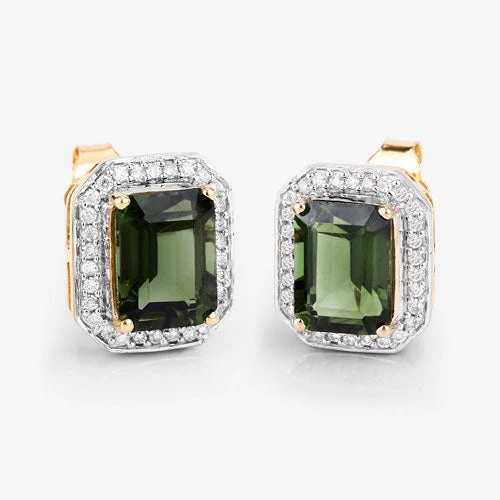 3.57 Carat Genuine Green Tourmaline and White Diamond 14K Yellow Gold Earrings - Image 10