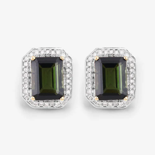 3.57 Carat Genuine Green Tourmaline and White Diamond 14K Yellow Gold Earrings - Image 8