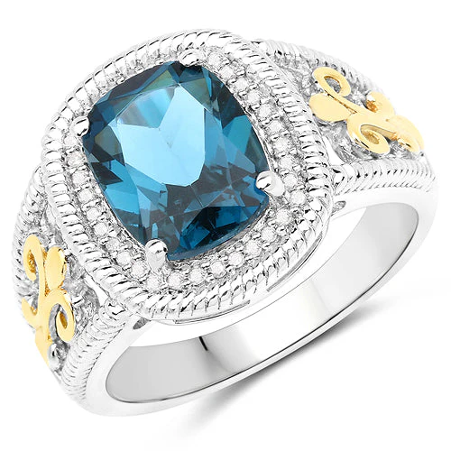 3.59 Carat Genuine London Blue Topaz and White Diamond 14K Yellow Gold with .925 Sterling Silver Ring - Image 4